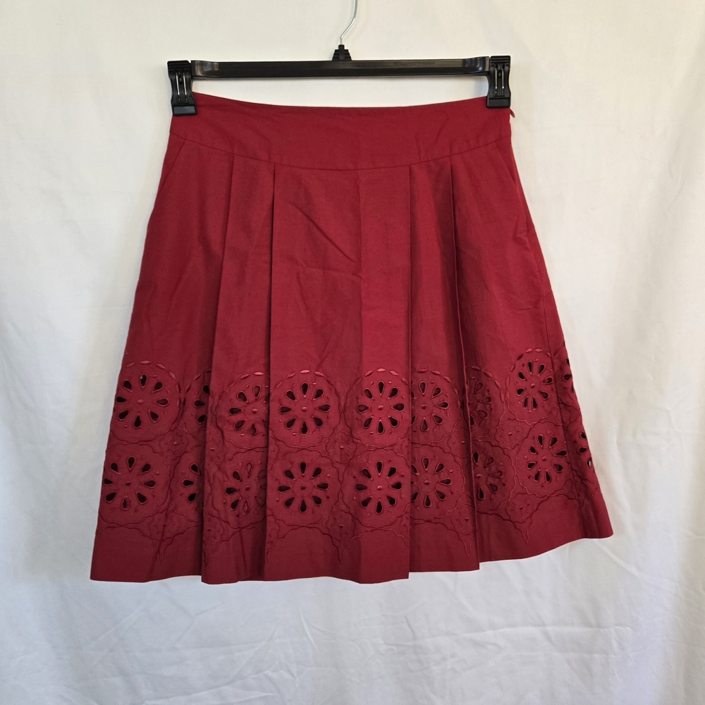 Loft Womens Preppy Red Boho Pleated Embroidered Lined Career Full Skirt 6 Petite